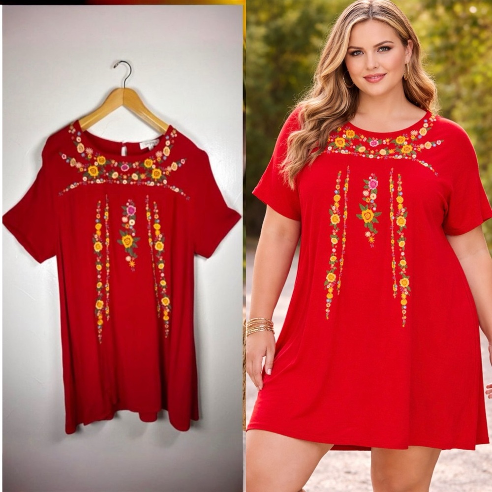 Umgee Plus Red Embroidery Dress Size XL Bohemian Style W0078 Floral Colorful